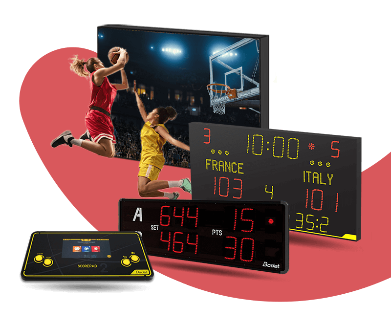 Bodet Sport FIBA-compliant basketball scoreboard, LED video display and scorepad console