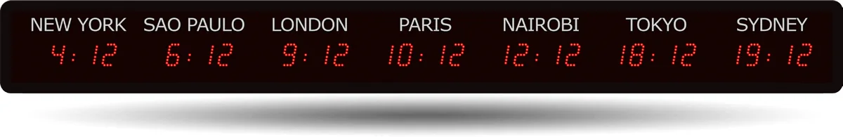 World time zone clock display showing multiple cities